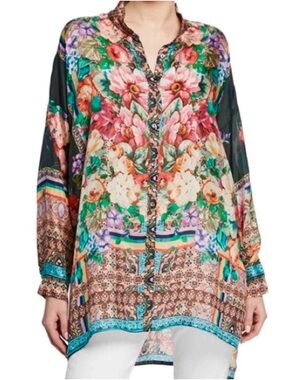 Johnny Was Bethia Floral Mixed Print Silk Georgette Blouse Button Front XXL